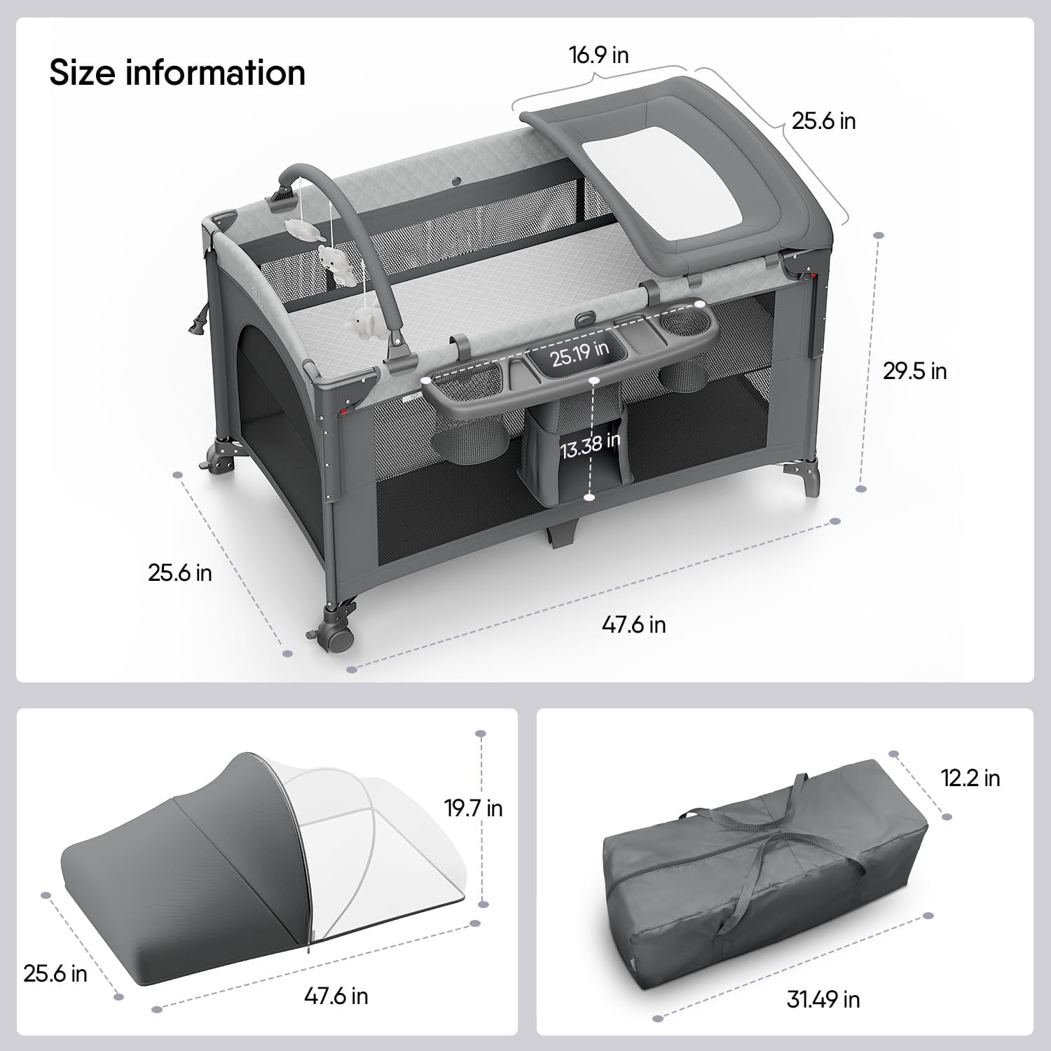 4 in 1 Baby Bassinet, Pack and Play, Bedside Crib Sleeper, Diaper Changer - Comes with Mattress, Mosquito Net, Bottom Storage and Toy Bar for Newborn to Toddles
